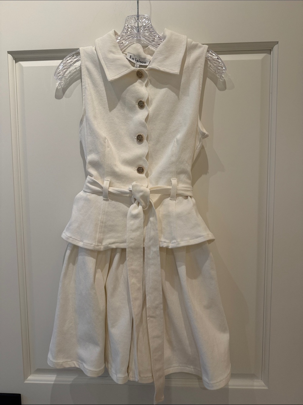 En Saison Cream Cotton Sleeveless Peplum Dress with Tie Belt - NWT Size S